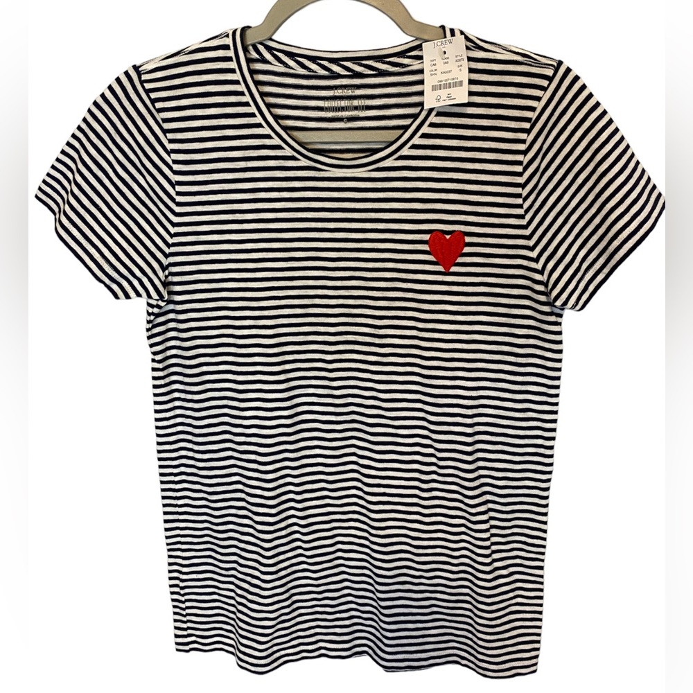 NWT J. CREW Collector Tee-Navy Strip with Red Heart detail. Sz S